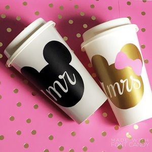 Mr and Mrs mouse reusable coffee cups, engagement